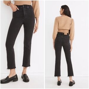 Madewell Cali Demi Boot Jeans Black Wash High Rise Raw Hem Denim‎ Size 24